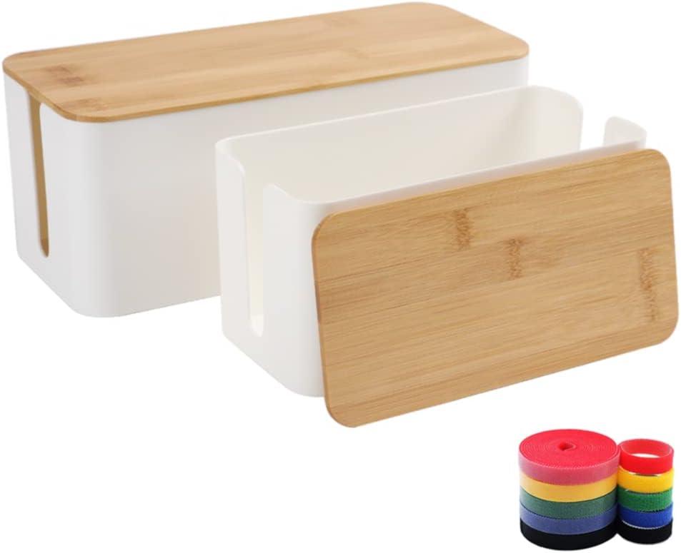 Cable Management Box Organizer, Set of 2 Bamboo Lid Large Storage Wire Holder to Conceal Hide Surge Protector, Power Strips Cord on Desk Floor, with 5 Cables Tape for Home Office Computer TV USB Hub (White)