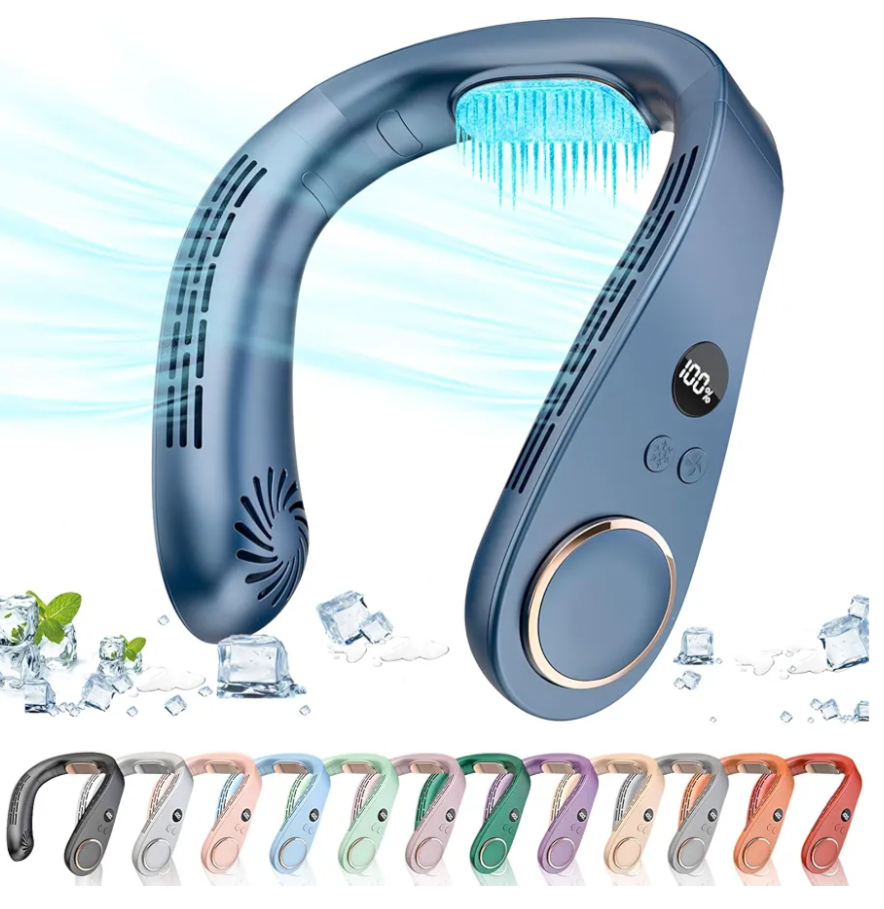 Neck Fan Air Conditioner,Personal Cooling Device,Neck Air Conditioners Portable Neck AC Rechargeable Battery Powered,USB Silent Headphones Round Leafless Necklace Fan for Women Men Adults Kids Blue