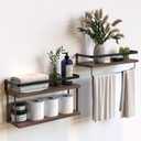RICHER HOUSE 2+1 Tier Wall Mounted Floating Shelves Set of 2, Rustic Wood Shelf with Metal Frame, Extra Storage Rack for Bathroom, Kitchen, Bedroom with Tissue Rack & Towel Bar - Rustic Brown