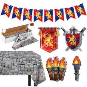 Jecery 18 Pcs Medieval Party Decorations Set, Lion Hanging Banner, Brick Stone Wall Tablecloth Roll, Torches and Shields for Renaissance Medieval Knight Birthday Party Favor