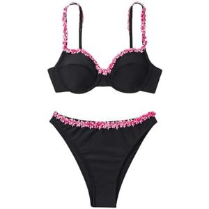 WDIRARA Women's 2 Piece Floral Embroidery Patchwork Bikini Set Backless Solid Cheeky Swimwear Sets M