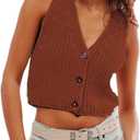 Womens Cropped Sweaters Vest Button Down V Neck Knit Sleeveless Crop Sweater 2025 Summer Casual Tank Tops (X-Large, Brown)