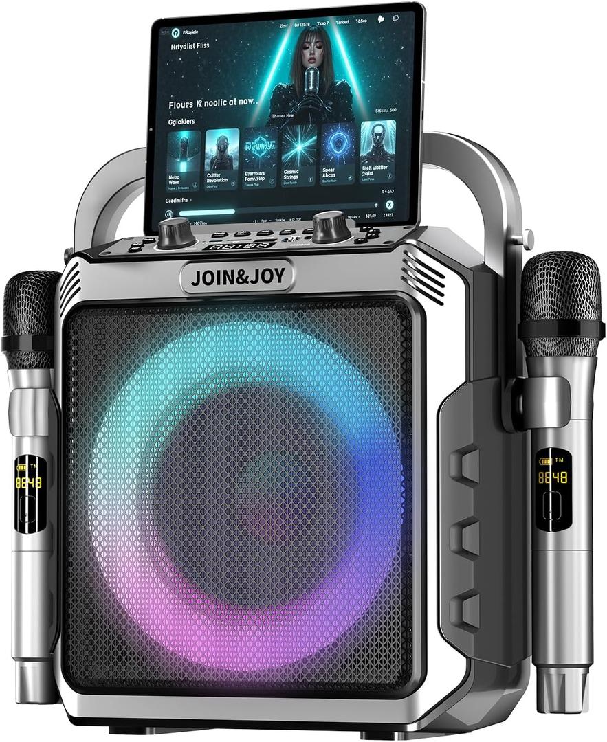 Portable Karaoke Machine, with Wireless Microphones, Bluetooth Party Speaker with LED Lights, Loud Subwoofer, USB/AUX, Outdoor Karaoke Speaker for Adults & Kids, Home & Party