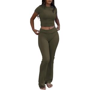 ZFLM Casual Workout Two Piece Outfits for Women Short Sleeve Crop High Waist Foldover Flare Pants Tracksuit Sets Streetwear (X-Small, Mocha)