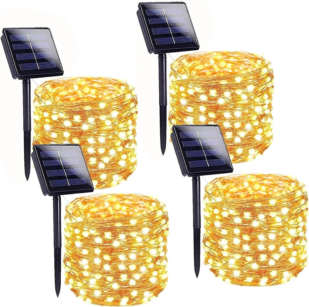 Solar String Lights Outdoor, 4 Pack 160FT 400 LED Solar Twinkle Lights for Outside Waterproof Copper Wire with 8 Modes Solar Fairy Lights for Garden Yard Wedding Christmas Tree Decor (Warm White) (4 Pack(100LED))