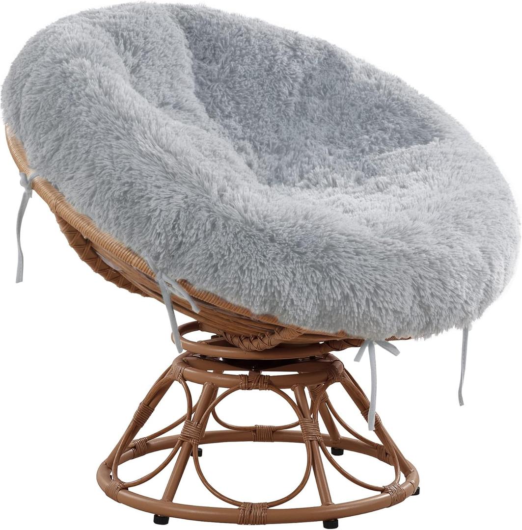 HOMBYS Shaggy Cover for Papasan Cushion, Fluffy Plush Faux Fur Zippered Slipcover Only, Removable and Machine Washable Chair Cushion Covers with 8 Ties- (Fit 50-52inch,Light Grey)