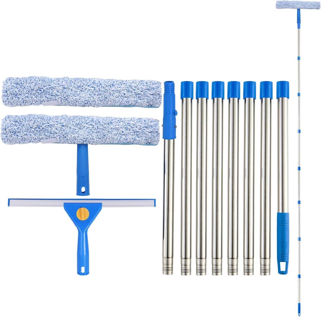 10Ft High Reach Window Cleaning Kit Cleaner Tool, 14" Window Squeegee and 15" Scrubber with Long Handle, Windows Washing Equipment with Extension Pole for Home Outdoor Use