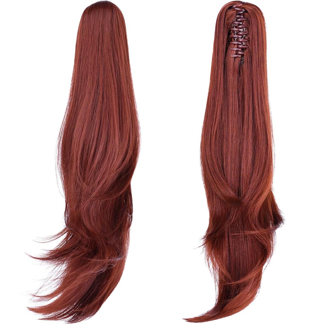 PONYTAIL EXTENSION, 24" CLAW CLIP HAIR EXTENSIONS PONYTAIL, LONG STRAIGHT HAIR EXTENSION, NATURAL LOOKING SYNTHETIC HAIRPIECE FOR WOMEN, AUBURN.