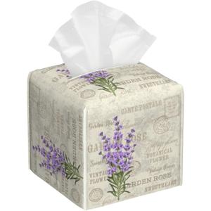 Leather Tissue Box Holder Lavender Flowers Tissue Box Cover Square Waterproof Tissue Holder Organizer Modern Napkin Holder for Bedroom Dresser Night Stand Office Desk