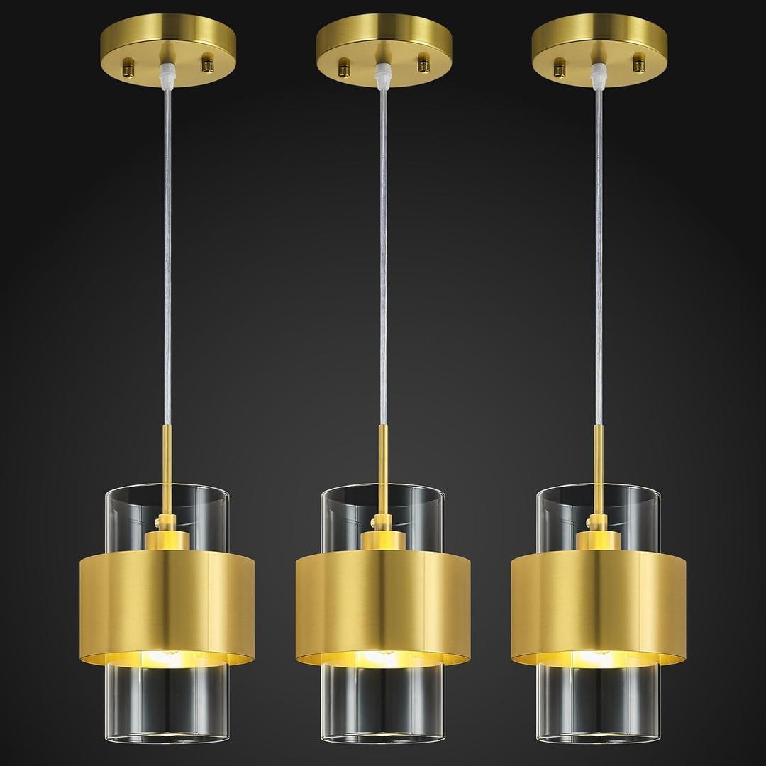 Modern Gold Pendant Lighting Indoor Kitchen Island Pendant Light Glass Shade Ceiling Light Fixtures for Bedroom Dining Room Living Room(3-Pack)