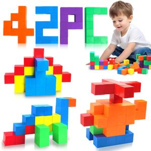 42PCS 1.2inch Magnetic Building Blocks Cubes for Kids 5+, Montessori STEM Toys Magnet Stacking for Learning Educational Autism Sensory Autistic Airplane Travel Activities Car Toy Gifts for Boys Girls