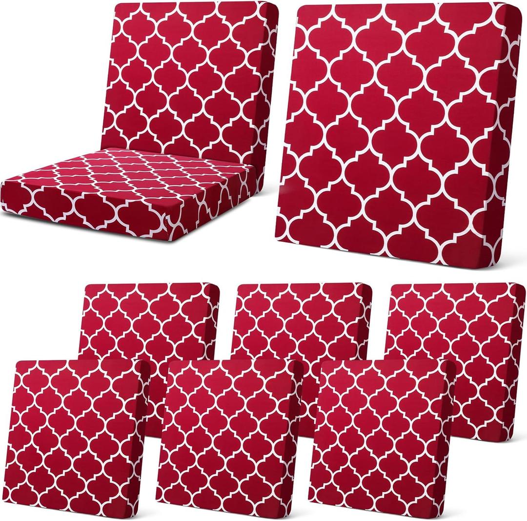 Newwiee 8 Pcs Patio Stretch Sofa Cushion Covers Stripe Outdoor Cushion Covers Replacement Patio Furniture Couch Slipcovers Chair Seat Soft Flexibility Protector(Wine Red)