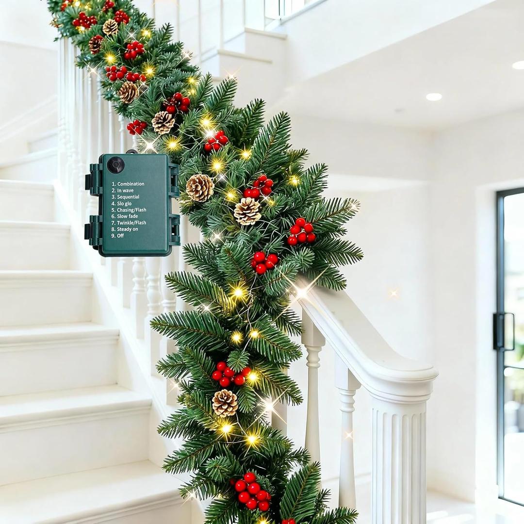 9FT Lighted Christmas Garland Battery Operated with Red Berries & Pine Cones, Outdoor Christmas Garland for Stairs, Artificial Prelit Christmas Galands with Lights