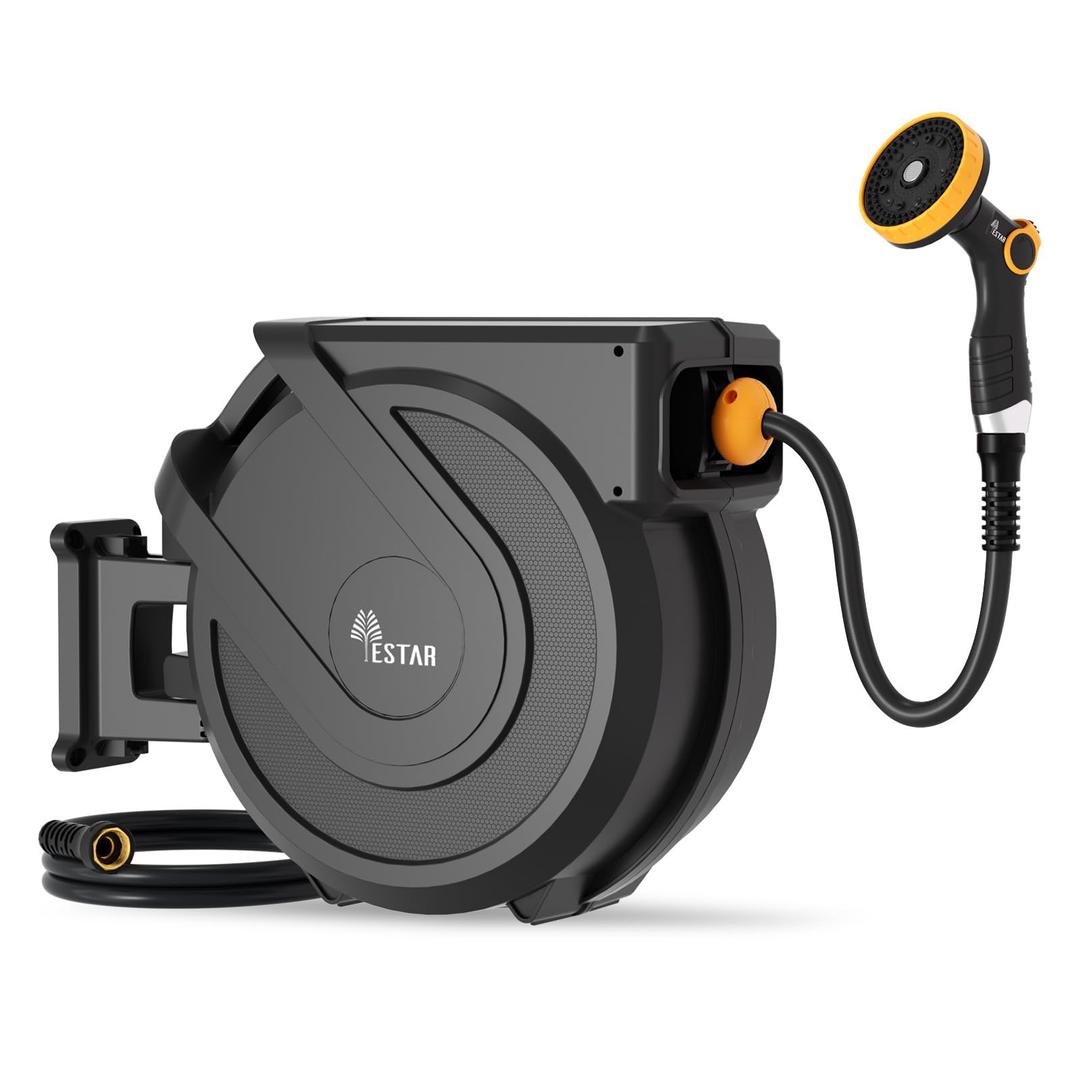 Retractable Garden Hose Reel 1/2 in x65 ft, Heavy Duty Wall Mounted Hose Reel with 10- Function Sprayer Nozzle, Any Length Lock/Automatic Slow Return System,180 Swivel Bracket