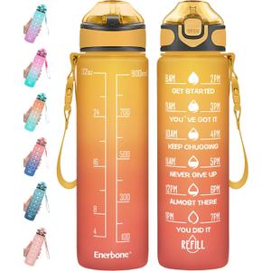 Enerbone 32 oz Drinking Water Bottle with Times to Drink and Straw, Motivational with Carrying Strap, Leakproof BPA & Toxic Free, Ensure You Drink Enough Water for Fitness Gym Outdoor (Yellow Red)