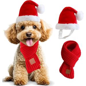 Dog Christmas Hat & Scarf Set for Small Dogs Puppies Cats - 2 PCS Adjustable Santa Hat and Knitted Scarf, Fall Winter Costume (Hat & Scarf, Small)