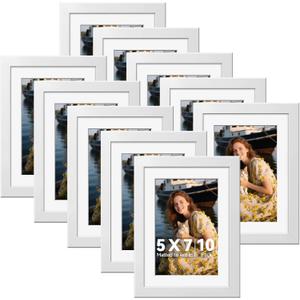HappyHapi 5x7 Picture Frames Set of 10, White Picture Frames Display Pictures 4x6 with Mat or 5x7 Without, Tabletop or Wall Display, Multi Photo Frames Collage (White)