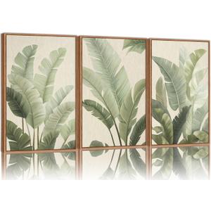 Rantodecor Sage Green Framed Canvas Wall Art, Minimalist Tropical Leaf Wall Decor, Boho Beige Nature Leaf Art Paintings, Bohemian Triple Panel Plant Artwork for Bedroom Living Room Office 16"x24"x3