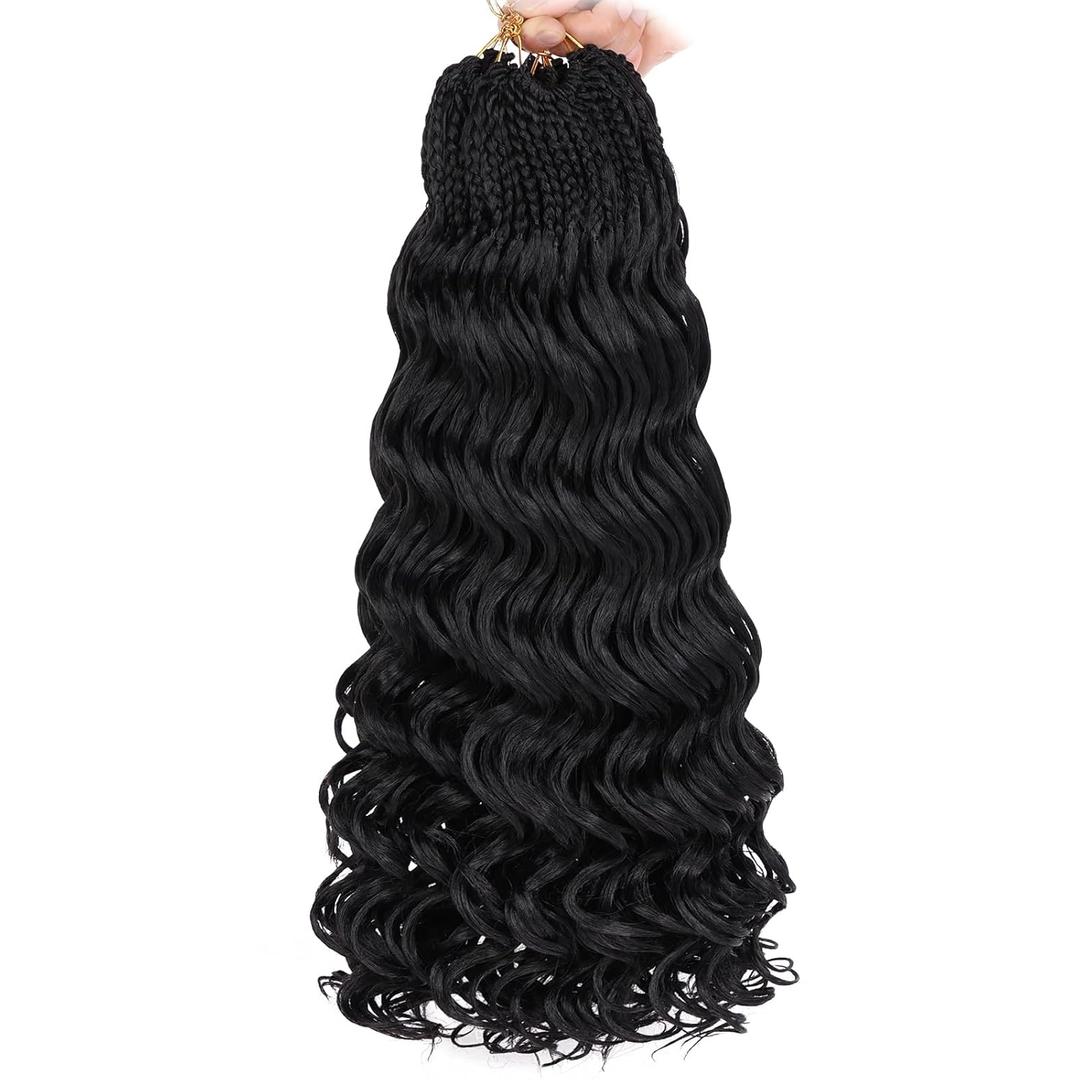 Leeven 18 Inch Pre Looped Ocean Wave Crochet Hair 8 Packs Black Long Curly Crochet Hair Boho Ocean Braids Pre Twisted Synthetic Deep Wavy Crochet Braids for Women (#1B)