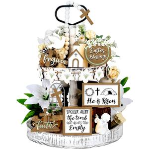 FairySandy 15 Piece Easter Tiered Tray Decor Set He is Risen Jesus Wood Sign Farmhouse Rustic Religious Tiered Tray Ornament Wood Table Centerpieces with Christian Cross Sign Easter Decor