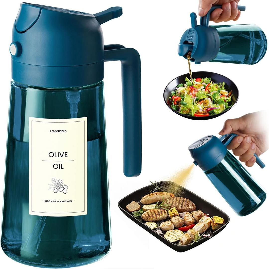 TrendPlain 16oz/470ml Blue Glass Olive Oil Sprayer for Cooking - 2 in 1 Olive Oil Dispenser for Kitchen Gadgets, Air Fryer, Salad, and BBQ - Navy