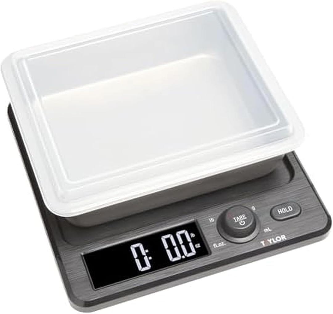 Taylor Digital Kitchen Scale with Dishwasher Safe Stainless Steel Container and Snap On, 22 pound capacity, Black