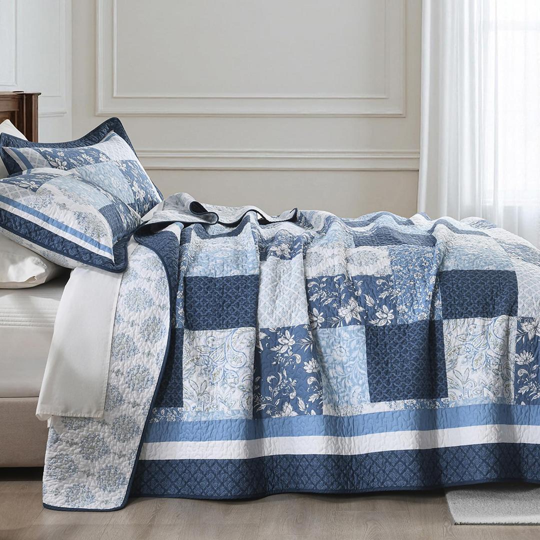 PERHOM 100% Cotton Queen Quilt Set, Farmhouse Reversible Paisley Floral, Lightweight Quilted Bedspreads, Summer Thin Comforter Bedding Set for Queen Bed, 3 Piece, All Season, Blue/White/Green