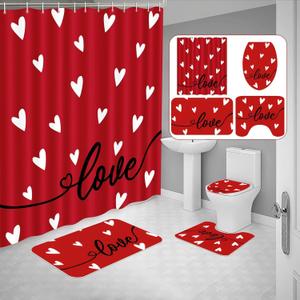 4PCS Valentine's Day Red Love Shower Curtain,with Non-Slip Rugs,Toilet Lid Cover and Bath Mat,Valentines Holiday Bathroom Shower Decor Accessory Set