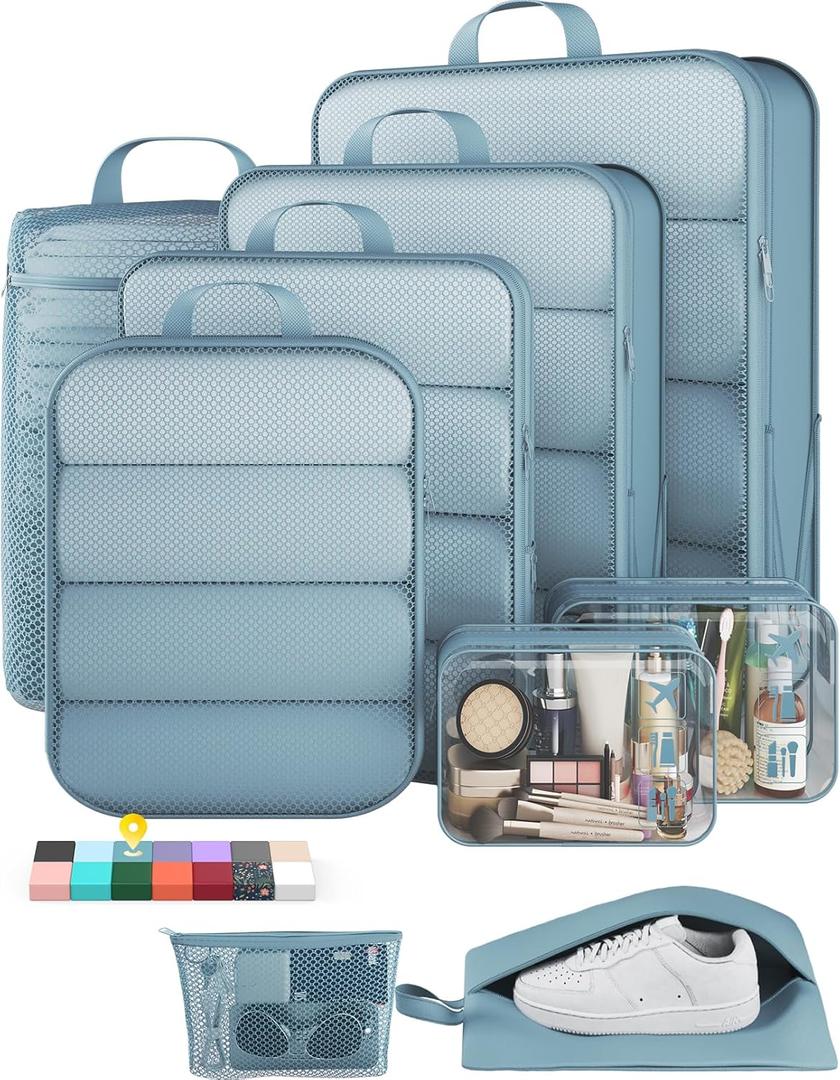 Veken 9 Set Compression Packing Cubes for Travel Essentials, Compressible Expandable Large Luggage Suitcase Organizer Bags for Clothing, Durable Space Saver Storage Bags with Toiletry Bags(Blue Gray)
