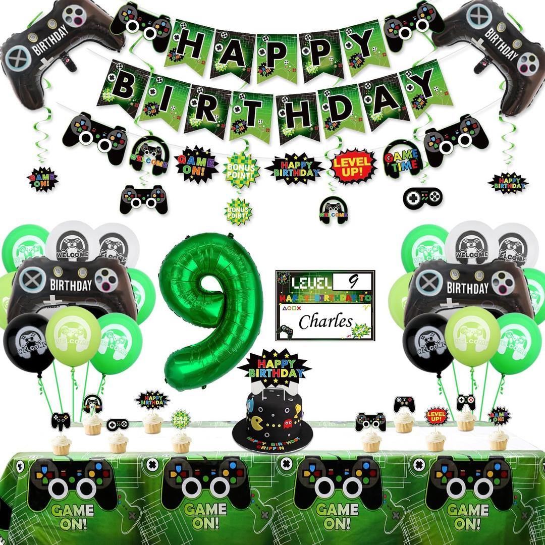 Video Game Party Decorations - 9th Birthday Decorations for Boys, HAPPY BIRTHDAY Banner, Video Game Tablecloth, Gaming Pattern Balloons, Controller Balloons, Gaming Hanging Sign, Gaming Birthday Party