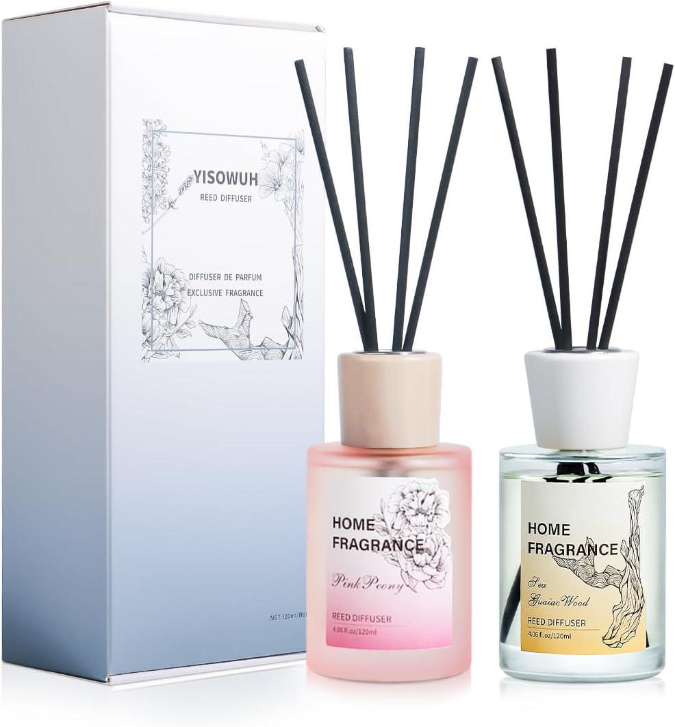 2 x Reed Diffuser - Sea Guaiac Wood&Pink Peony 4.06oz (120ml) 2 Packs Essential Oil Reed Diffuser Set with 16 Sticks, Long Lasting Fragrance for Home, Bathroom, Bedroom, Room, Decor