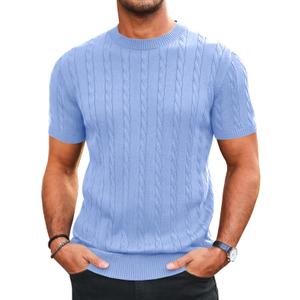 Runcati Mens Knit Short Sleeve T Shirts Casual Crewneck Slim Fit Shirt Cable Knitted Stretch Pullover Tees Sky Blue (Blue)
