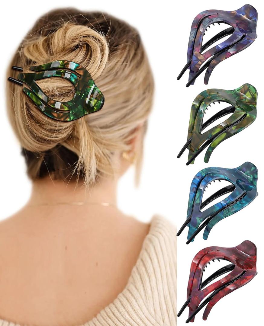 French Concord Curved Acrylic Hair Clips - 4Pcs Thick Flat Strong Hold Clips for Women (Crack Pattern: Blue/Green/Red/Purple)