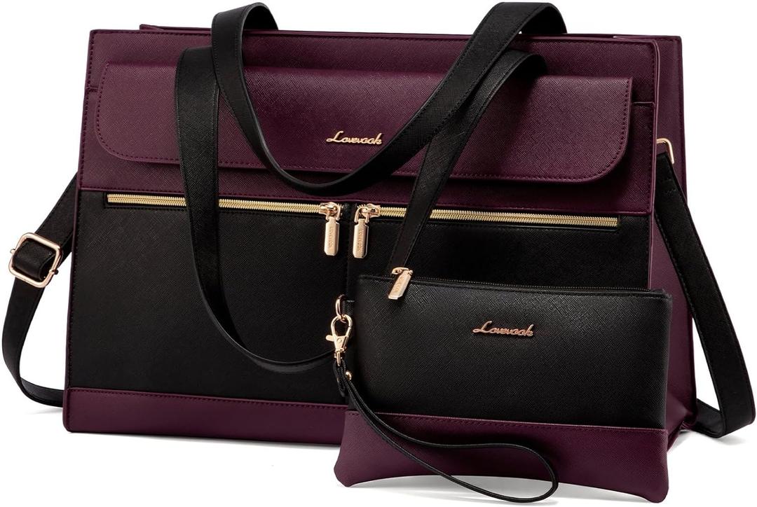 LOVEVOOK Laptop Bag for Women 15.6 Inch Tote Work Professional Leather Computer Briefcase Waterproof Handbag Shoulder Large Capacity Business Teacher Office Crossbody Purse (Black/Purple-1)