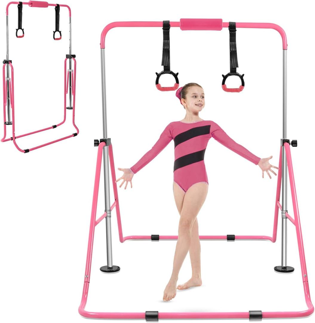 YEEGO DIRECT Gymnastics Bar for Kids with Rings, Folding Gymnastics Bars Horizontal Bar for Kids Ages 3-10, Expandable for Home Training Kids Gifts for Girls Boys, Adjustable Height between 35'' and 51''