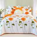 EVENHUG 100% Cotton Quilt King Size Orange Sunflower Bedding Set Floral Lightweight Quilt Reversible Coverlet Bedspread with 2 Pillow Shams All Seasons 3 Pieces (106X96)