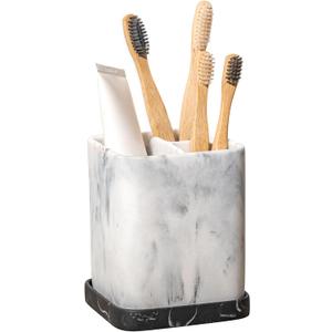 Zccz Toothbrush Holder, Countertop Marble Look Electric Toothbrush Toothpaste Makeup Brush Razor Holder Stand Bathroom Organizer with Detachable Tray (2 White Marble)