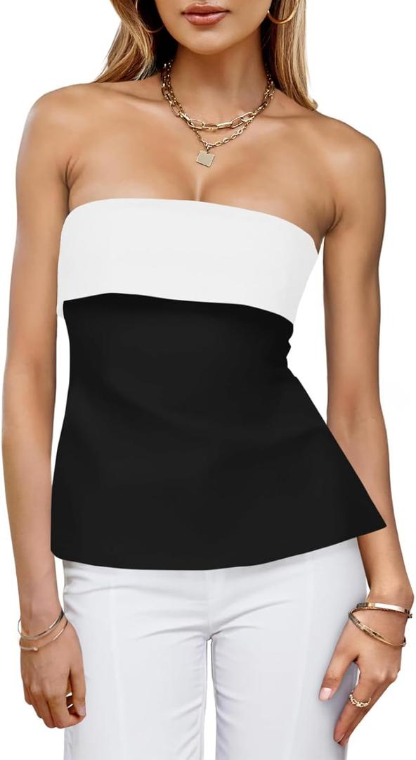 Imily Bela Womens Strapless Tube Tops 2025 Trendy Sexy Backless Going Out Bandeau Top Side Split Summer Color Block Outfits (Black, S)