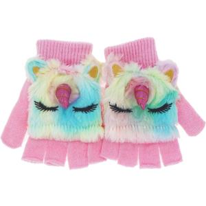 Kids Unicorn Flip Top Gloves with Mitten Cover Knitted Winter Fingerless Convertible Mittens for Boy Girls Toddler (A Pair of Rainbow)