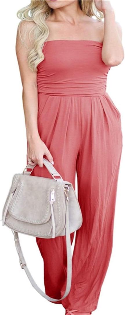 PRIMODA Women's Tube Top Strapless Off Shoulder Loose Wide Leg Jumpsuit Romper With Pockets (Large, Hot Pink)