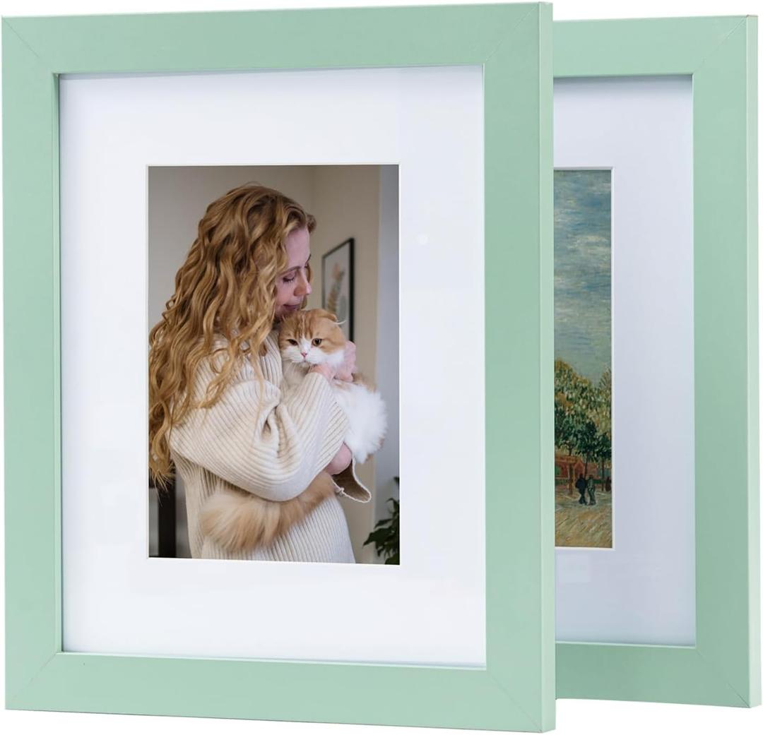 Muzilife 8x10 Wood Picture Frame with Real Glass Cover, Teal Photo Frame Display Pictures 5x7 with Mat or 8x10 Without Mat, Vertical & Horizontal on Wall or Tabletop, 2pcs, Morandi Green