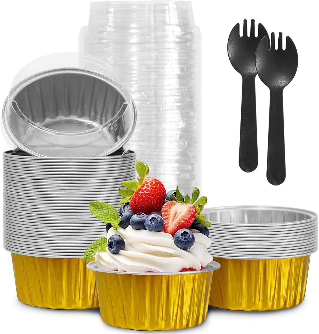 Graduation Party 50Pcs Mini Aluminum Foil Cupcake,5oz Baking Cups with Lids,Mini Cake Pans Disposable,Loaf Pans with Lids,Disposable Ramekins,Tin Cups Containers for Cupcake,Pudding,Muffin (Gold)
