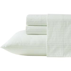 Laura Ashley - Full Sheet Set, Crisp & Cool Cotton Percale Bed Sheets, Deep Pockets, Striped Bedding with Matching Fitted Sheet & Pillowcases (Bedford Skinny Stripe Green)