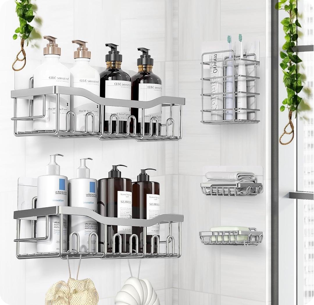 Luxury Style 5 Pack Stainless Steel Adhesive Shower Caddy Set - Rustproof Bathroom Organizer with Large Capacity Storage| No Drilling Shelves Shower Caddy Organizer | Bathroom Decor (Shiny Silver)