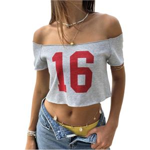 SOLY HUX Women's Off The Shoulder Graphic Tees Number Print Jersey Crop Top Vacation Outfit (Green, M)