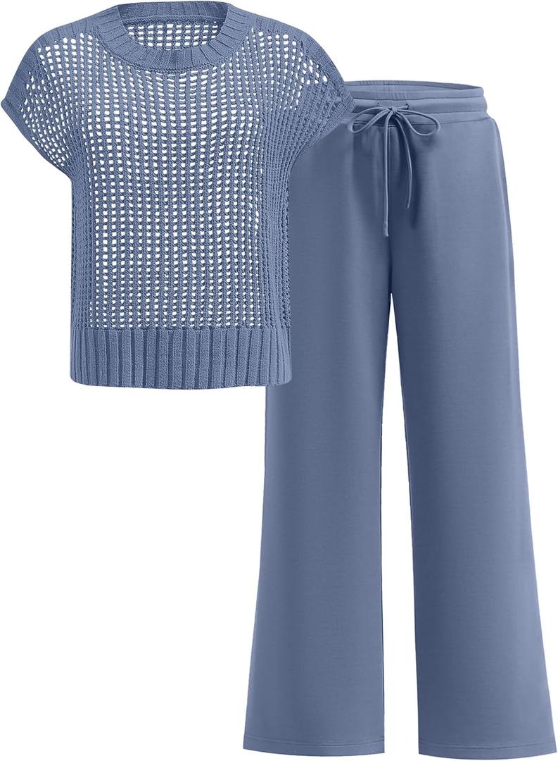 ANRABESS Women Two Piece Outfits Crochet Sheer Knit Sweater Top Wide Leg Pants Lounge Matching Sets Sweat suit Travel Clothes (Medium, Deep Blue)