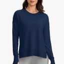 Women Buttery Soft Yoga Tops Crewneck Modal Pullover Shirts Side Slit Thumb Holes Blue L