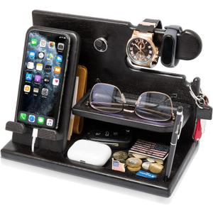 TESLYAR Wood Phone Docking Station for Men - Desk or Nightstand Organizer - Birthday Gifts for Husband, Dad - Anniversary Idea from Wife - Key Holder, Stand Wallet, Watch & Essentials (Granite Black)