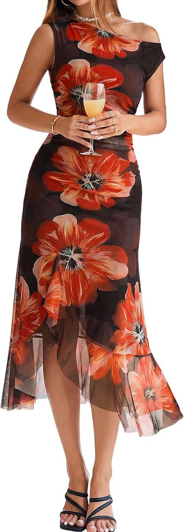 BerryGo Women Summer One Shoulder Maxi Dress Floral Ruched Mesh Bodycon Asymmetrical Date Night Formal Wedding Guest Dress (M)