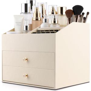 Homeanda Makeup Organizer with Drawers, PU Leather Cosmetic Storage Box Large Cosmetic Display Case for Skincare, Lipstick, Brushes, Bedroom Storage(Beige)